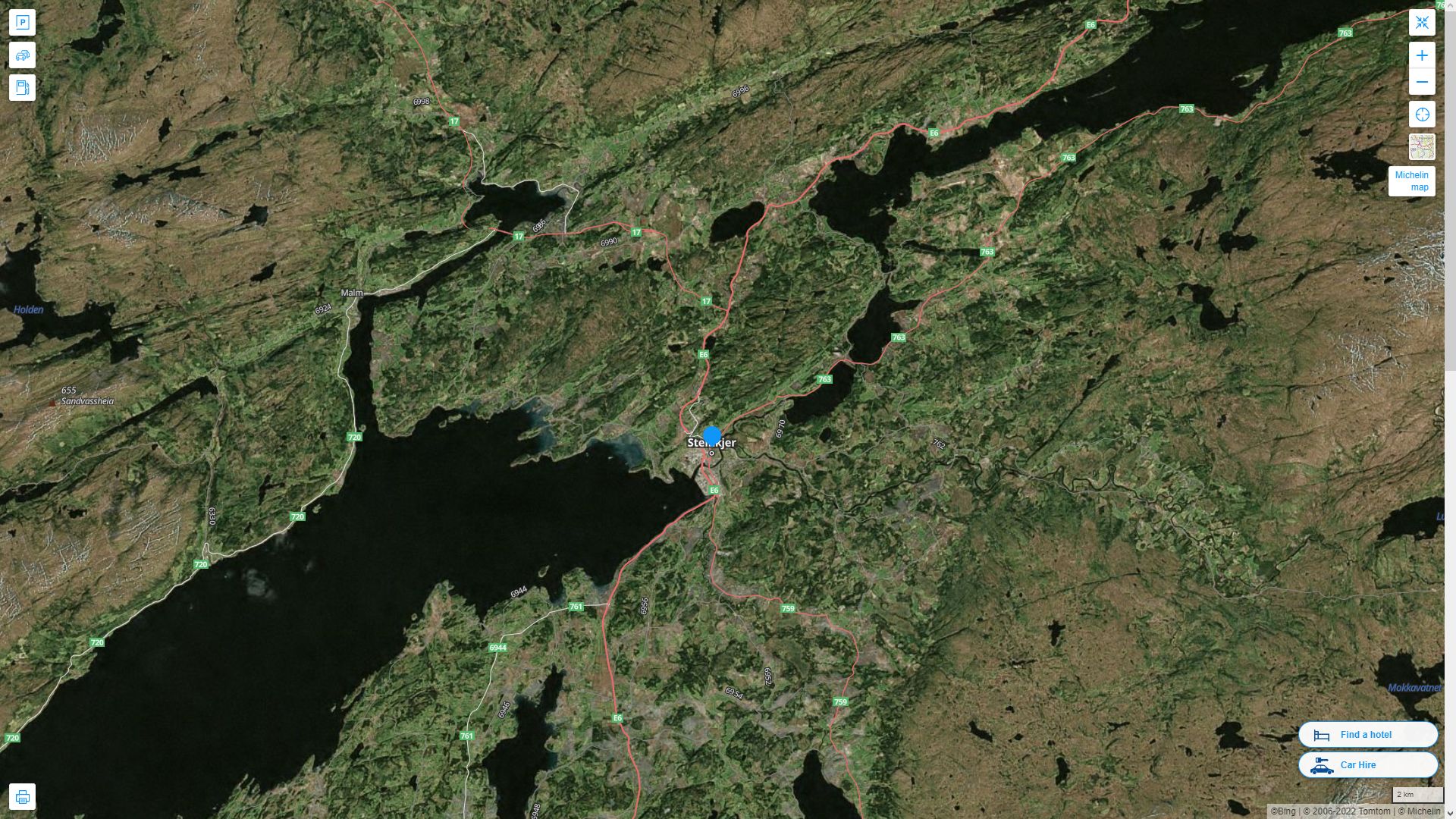 Steinkjer Norvege Autoroute et carte routiere avec vue satellite